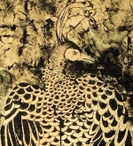 Detail, golden Peacock, female 24kt gold leaf, painted and etched gold leaf