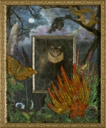 Don Mono & the White Peacock, verre Eglomise, mixed media SOLD