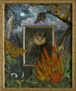 Don Mono & the White Peacock, verre Eglomise, mixed media SOLD